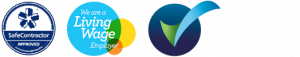 Trust badges: SafeContractor Approved, Living Wage Employer, and Cyber Essentials logos.