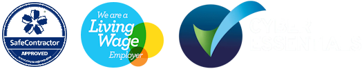 Trust badges: SafeContractor Approved, Living Wage Employer, and Cyber Essentials logos.
